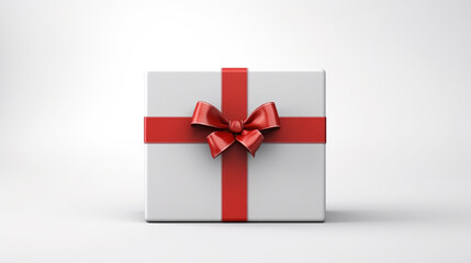 Blank white present box or gift box with red ribbons.