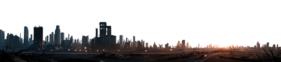 vast post apocalyptic city skyline sunset silhouette - premium pen tool cutout - city with tall buildings and skyscrapers - debris and destruction - wide panoramic angle view