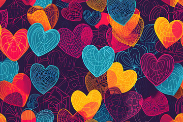 Abstract background with a repeating pattern of geometric hearts in various sizes and colors valentine post background