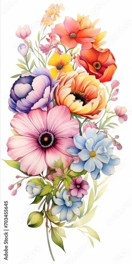 Poster a stunning bouquet featuring a blend of brightly colored flowers, set against a simple white surface