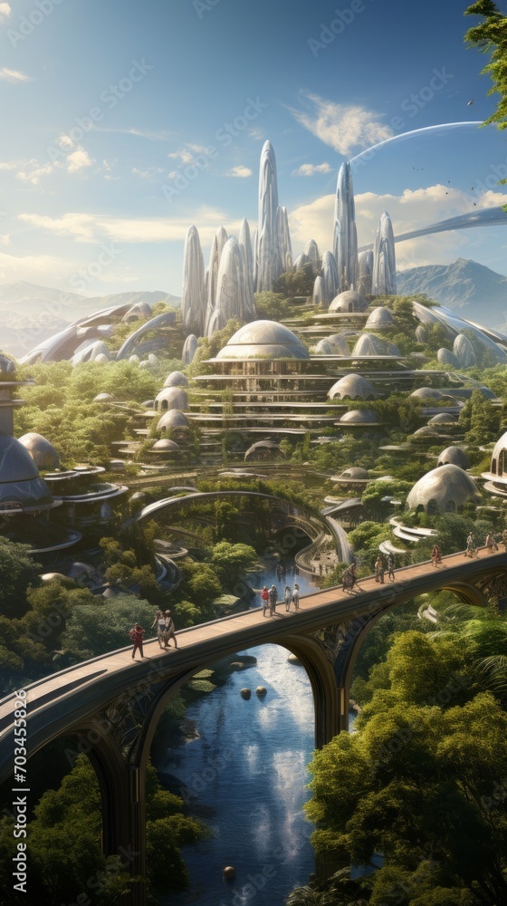 Poster a utopian city with gleaming, energy-efficient structures, self-driving vehicles, and a serene atmos