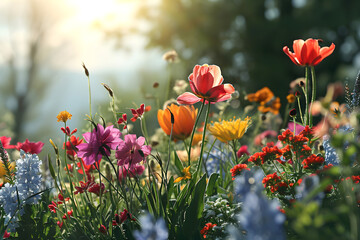 Group of Vibrant Flowers Blooming in a Field