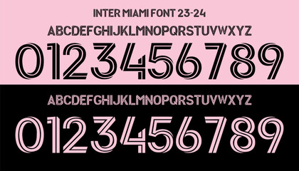Fototapeta premium inter miami font. font vector team 2023 kit sport style font. football style font. sports style letters and numbers for soccer team. messi