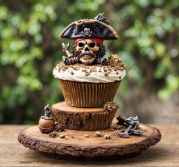 Halloween cupcake with a pirate hat on top on a wooden background