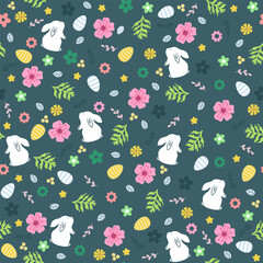 Spring easter background with cute bunnies, eggs and flowers for wallpaper and fabric design.