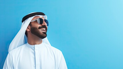 Obraz premium Arab businessman in Dubai, one color background, copy space with generative ai
