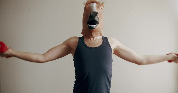 Funny man with horse mask doing exercise with weights for hand training on the white background at home. Comical fitness at home. Humorous stretches. Funny home workout.