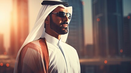 Arab businessman in Dubai, one color background, copy space with generative ai - obrazy, fototapety, plakaty