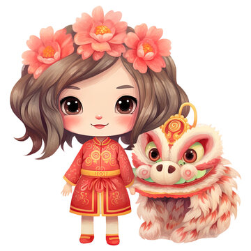 Kawaii Lion Dance and Girl Clipart for Chinese New Year Celebrations