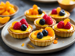 Mini tartlets with tangy turmeric custard filling, topped with colorful fruit and a brush of apricot glaze. - obrazy, fototapety, plakaty