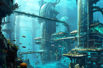 A Submerged Cityscape Featuring Sleek Architecture and Cutting-Edge Marine-Inspired Technology Aquatic Metropolis