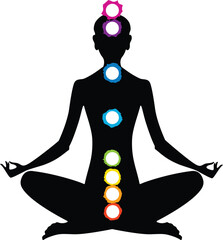 Female body in lotus position with colored circles of chakras as a symbol of female spiritual and health. Aura and yoga. Aura and yoga. Vector illustration, isolated on white background - 703458211