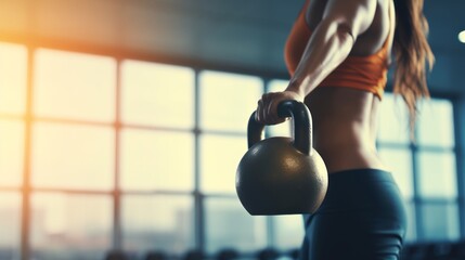 Woman powerlifting: close-up of intense workout with kettlebell dumbbells in fitness club gym – lifestyle and bodybuilding exercise