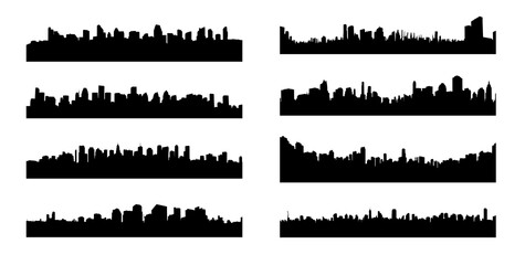 set of city skyline silhouette - transparent background - isolated - vast wide panoramic city buildings - obrazy, fototapety, plakaty