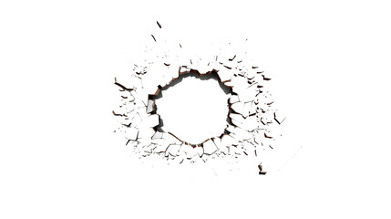 Broken hole in the white wall. Isolated on white background