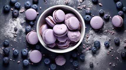 top view blueberry macaroons on a plate, sprinkled with powdered sugar and surrounded by fresh berries on a black background. Visualization of the concept of culinary art and desserts - obrazy, fototapety, plakaty
