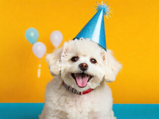 A birthday party with a white dog wearing a party hat ai image 
