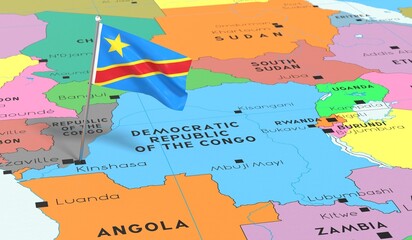 Democratic Republic of the Congo, Kinshasa - national flag pinned on political map - 3D illustration