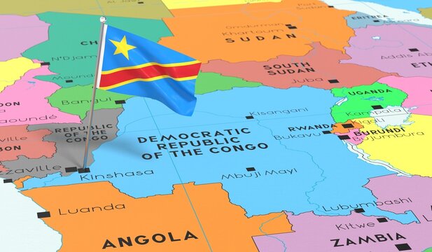 Democratic Republic of the Congo, Kinshasa - national flag pinned on political map - 3D illustration