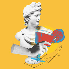 Male antique statue bust and sweet and sour alcohol cocktail over yellow background. Contemporary...