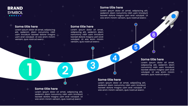 Infographic template. Space rocket with line and 6 steps