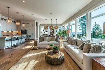 Beautiful living room interior in new luxury home with open concept floor plan.