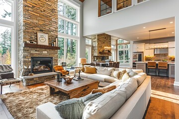 Beautiful living room interior in new luxury home with open concept floor plan.