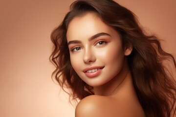 Naklejka premium Portrait of beautiful young woman with clean fresh skin. Spa, healthcare.