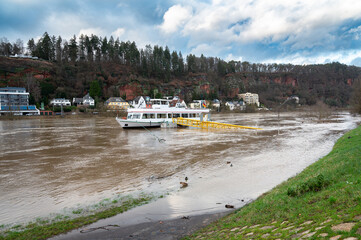 Flood of the river Moselle, Trier in Rhineland Palatinate,  flooded paths, high water level, climate change

