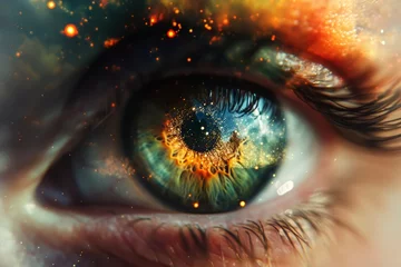 Tuinposter Human eye in double exposure with star nebula, extreme close up. Concepts: artistic illustrative material for an ophthalmology clinic, vision correction, contact lenses © Irina Kozel