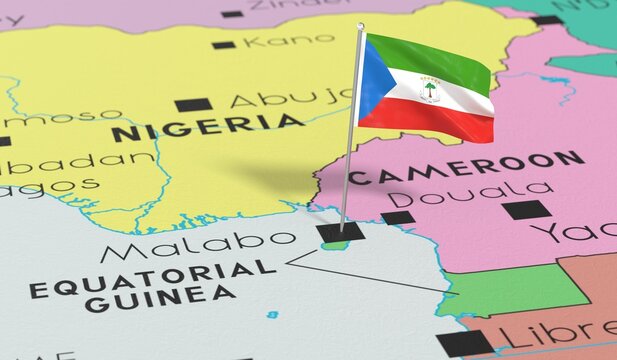 Equatorial Guinea, Malabo - national flag pinned on political map - 3D illustration