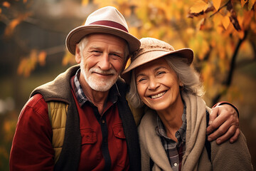 a couple of elderly people. Happy, love and peace with old couple in nature for bonding, relax and support. Smile, happiness and retirement with senior man and woman walking in countryside park  - obrazy, fototapety, plakaty