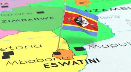 Eswatini - Swaziland, Mbabane - national flag pinned on political map - 3D illustration