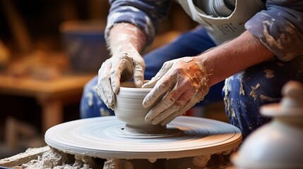 Skilled potter meticulously creating beautiful matching ceramics on wheel in vibrant studio