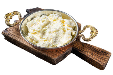 Kaymak Clotted cream, butter cream in a rustic pan. Transparent background. Isolated.