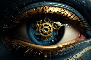 Human eye with artificial mechanical pupil, steampunk style, extreme close up. Concepts: transhumanism, ophthalmology, vision correction, contact lenses, androids