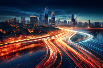 Fototapeta na wymiar Aerial view of big city road or highway at night