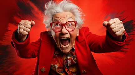 Le cri d'une vieille femme portant des lunettes, arrière-plan rouge - obrazy, fototapety, plakaty