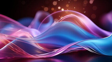 Glowing neon wave lines on pink and blue background with bokeh lightsData transfer concept.