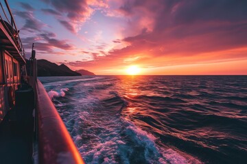Un coucher de soleil sur la mer à bord d'un bateau de plaisance - obrazy, fototapety, plakaty