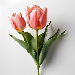 Fototapeta premium tulip on a white background with shadow. pink tulip isolated. spring time flower blooming. multicoloured tulip. tulip with long stem isolated