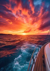 Un coucher de soleil sur la mer à bord d'un bateau de plaisance - obrazy, fototapety, plakaty