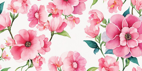 Fototapeta premium Seamless Drawing Watercolor Floral Blossom Botanical Texture Painting Flower Pattern Fabric Print Nature Background Illustration.Retro Vintage Spring Pink Color Plant Garden Painting Wallpaper Design.