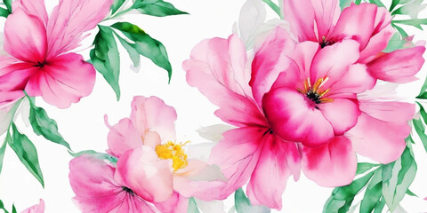 Obraz premium Seamless Drawing Watercolor Floral Blossom Botanical Texture Painting Flower Pattern Fabric Print Nature Background Illustration.Retro Vintage Spring Pink Color Plant Garden Painting Wallpaper Design.