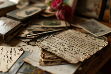 Naklejka na ściany i meble vintage love letters, postcards, and romantic memorabilia arranged artistically valentine background