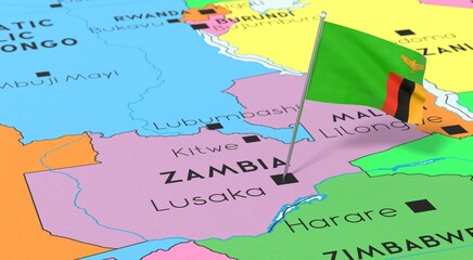 Zambia, Lusaka - national flag pinned on political map - 3D illustration