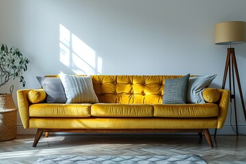 Bright and cozy modern living room interior have sofa and lamp with white wall background. - obrazy, fototapety, plakaty