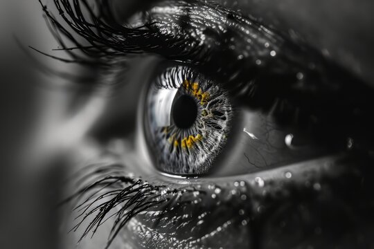 Extreme close up of human eye in noir style. Concepts: ophthalmology, medicine, vision correction, contact lenses