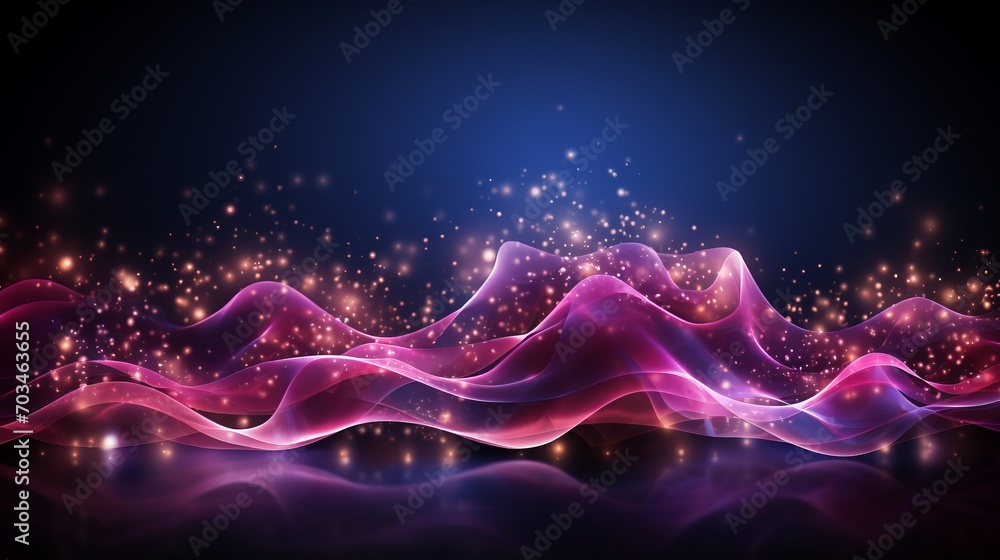 Poster pink and blue neon waves on abstract background with bokeh lights for data transfer concept.