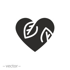 friendly vegan concept icon, heart with leafs, eco or herbal care, nature love, flat symbol - stroke vector illustration